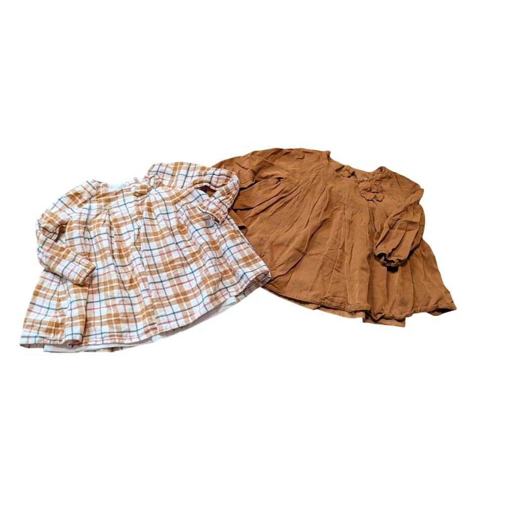 Tahari Baby Girls 2 Piece Dress Size 12M Brown Plaid Neutral Flannel Cotton